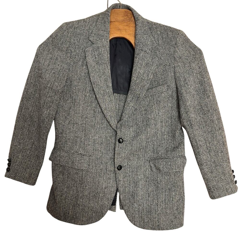 Stafford Scottish Wool Harris Tweed Sport Jacket Men Size 40R Black Herringbone